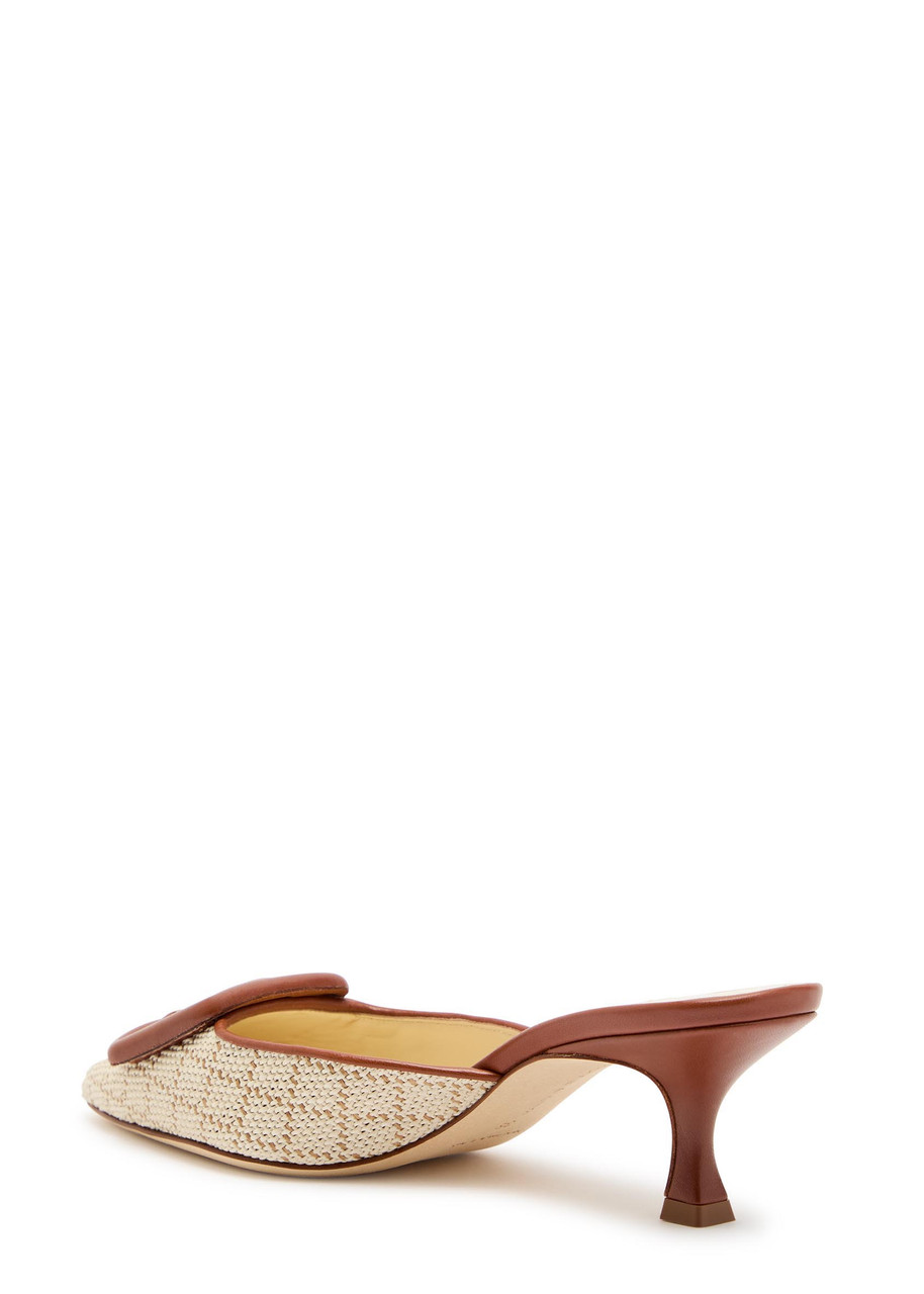 Manolo Blahnik Maysalebi 50 Raffia and Leather Mules – Beige – 38 (IT38/ UK5)