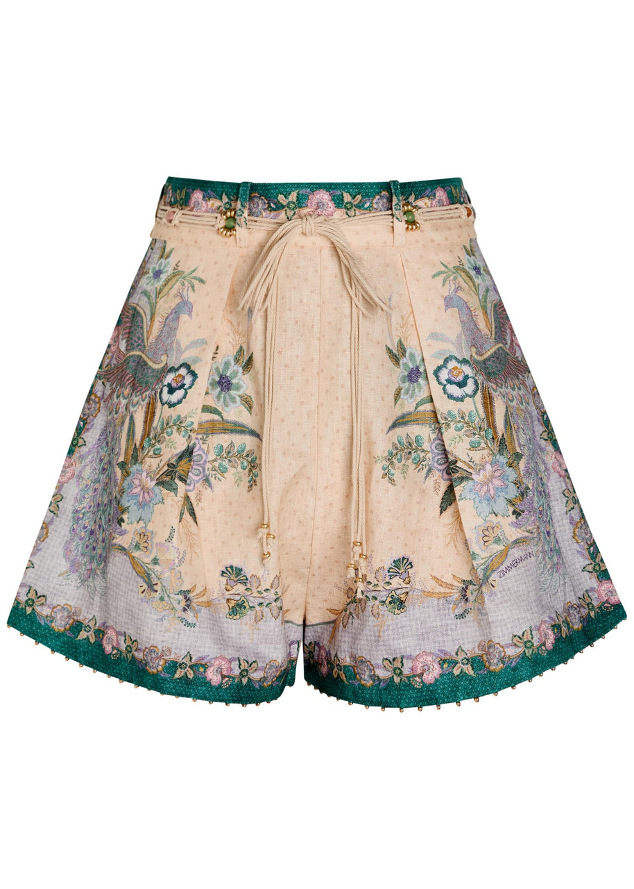 Zimmermann Indra Printed Belted Linen Shorts - Cream - 1 (UK 10 / S)