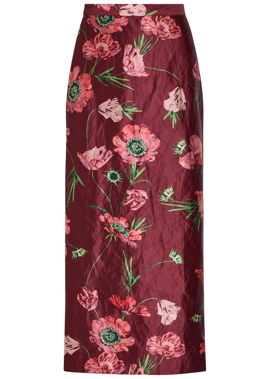 Erdem Floral-print Satin Midi Pencil Skirt - Red - 12 (UK12 / M)
