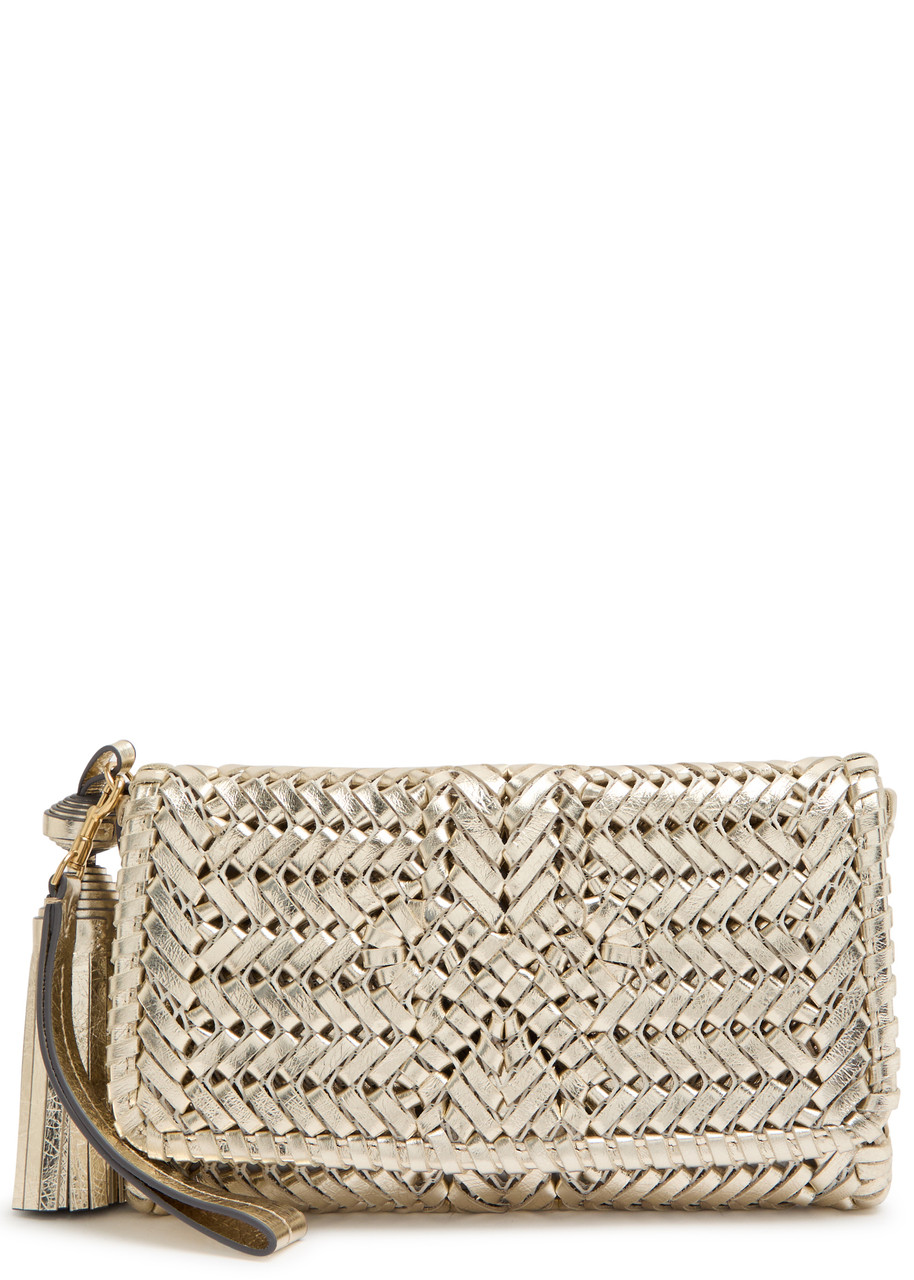 Anya Hindmarch The Neeson Tassel Woven Metallic Leather Clutch - Nude - One Size