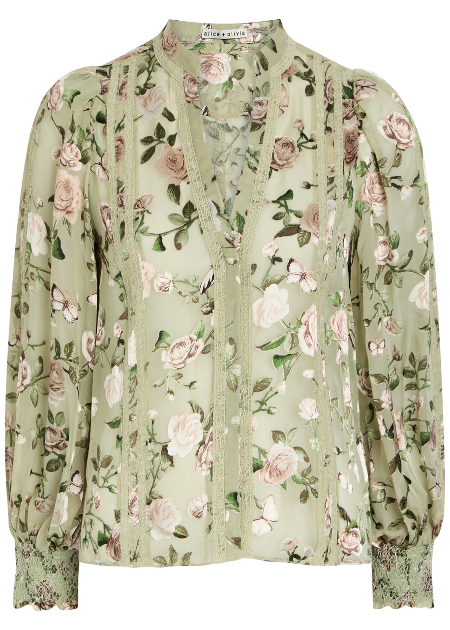 Alice + Olivia Arlette Floral-devoré Chiffon Blouse - Light Green - S (UK8-10 / S)