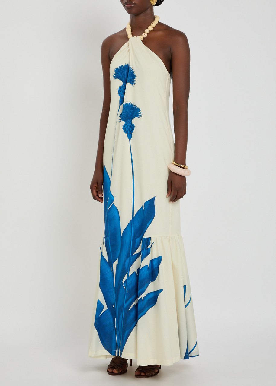  Andres Otalora Vivar Contigo Floral-print Halterneck Cotton Midi Dress - White And Blue - 4 (uk8 / S) 