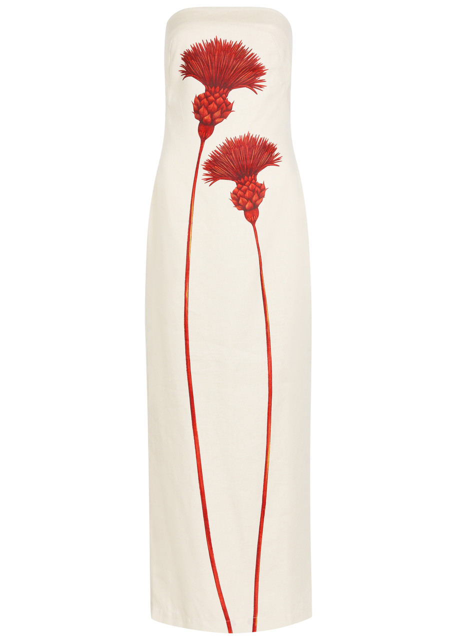 Andres Otalora Costera Floral-print Strapless Linen Maxi Dress - White And Red - 0 (UK4 / Xxs)