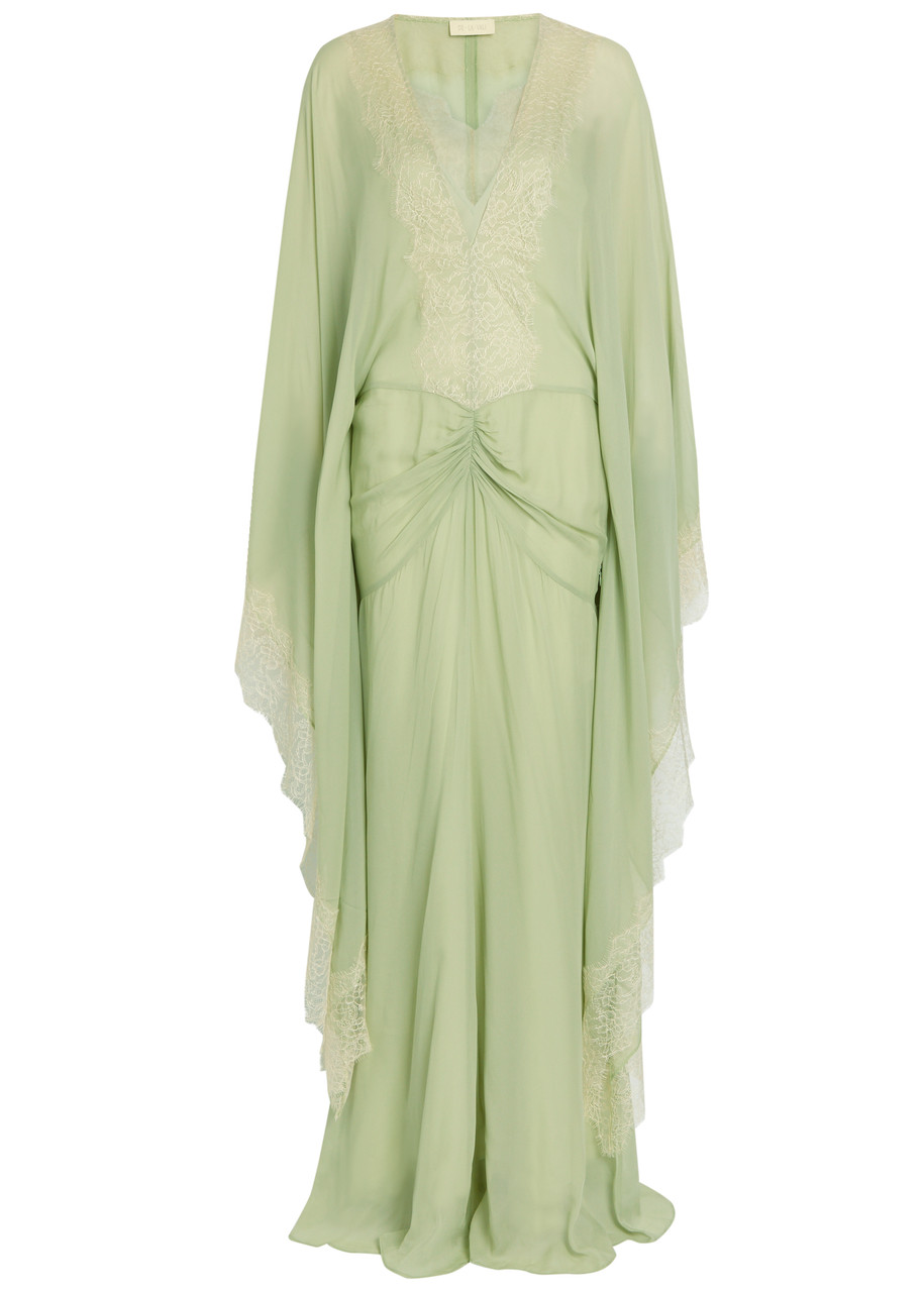 DE LA Vali Evita Lace-trimmed Draped Georgette Maxi Dress - Light Green - 6 (UK6 / XS)