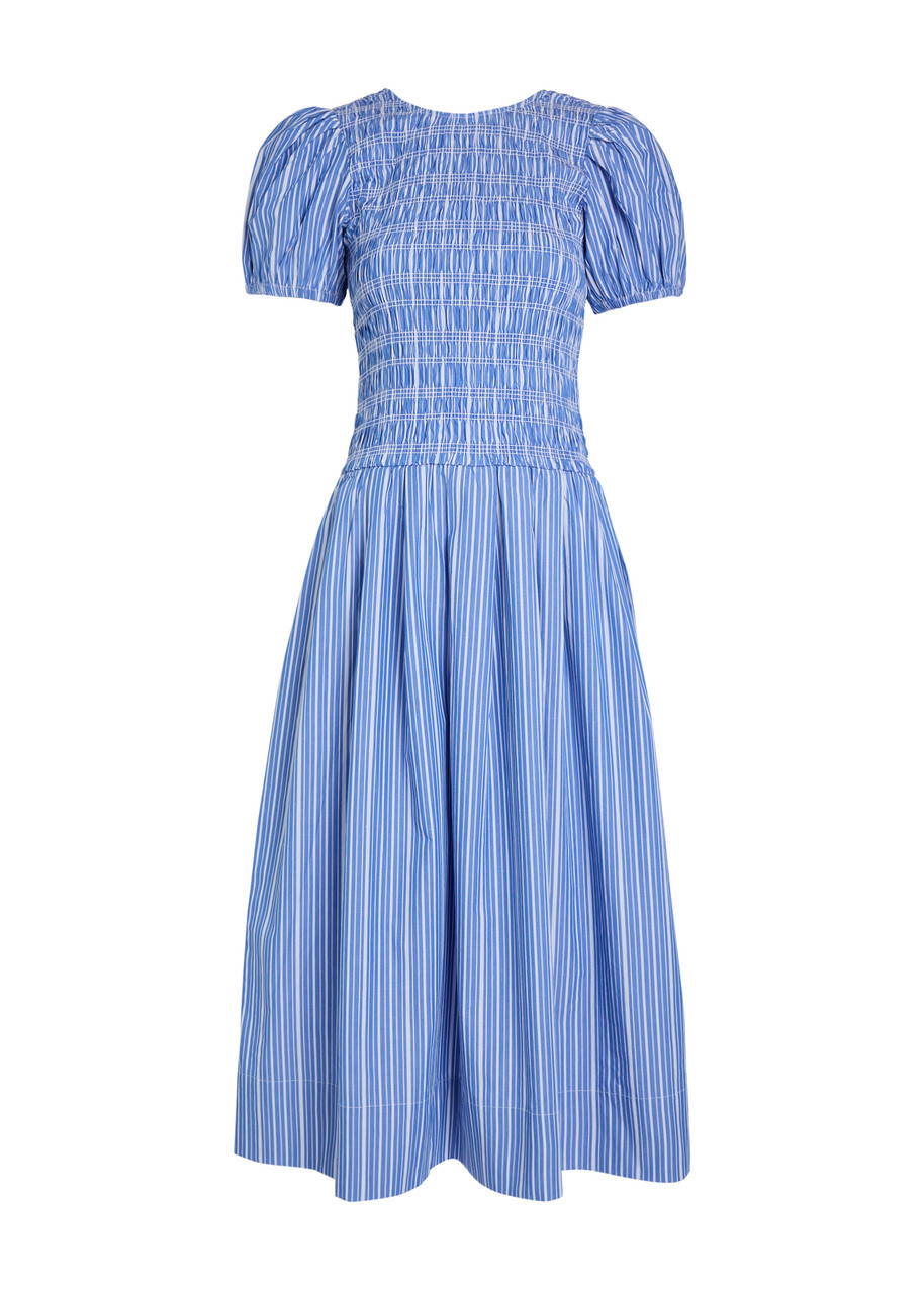 Ganni Striped Shirred Cotton Midi Dress - Navy - 40 (UK12 / M)