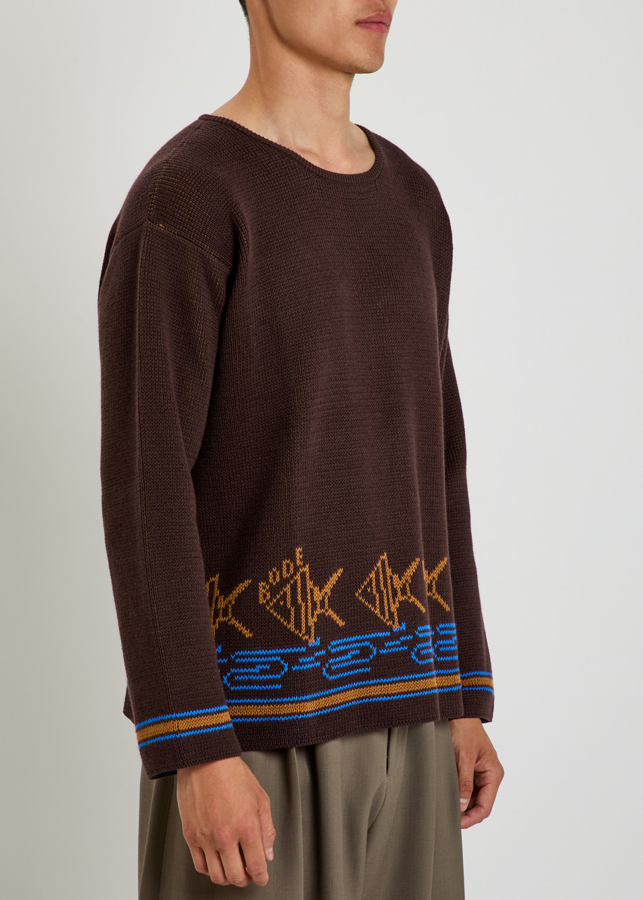  Bode Fish School Intarsia Cotton Jumper - Brown - L 
