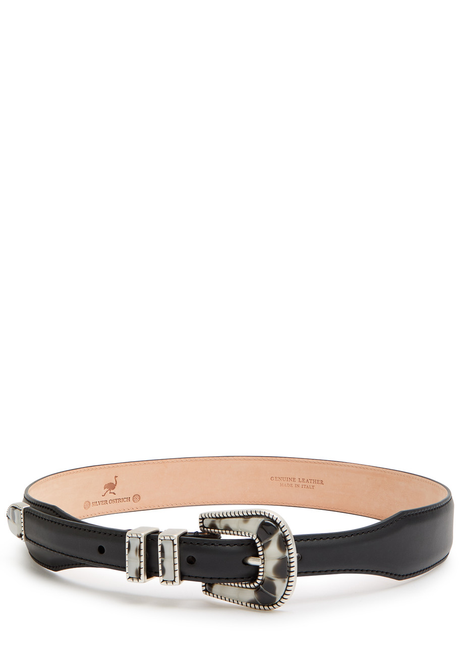 Silver Ostrich Crazy Leather Belt - Black - 80 (UK 10 / M)