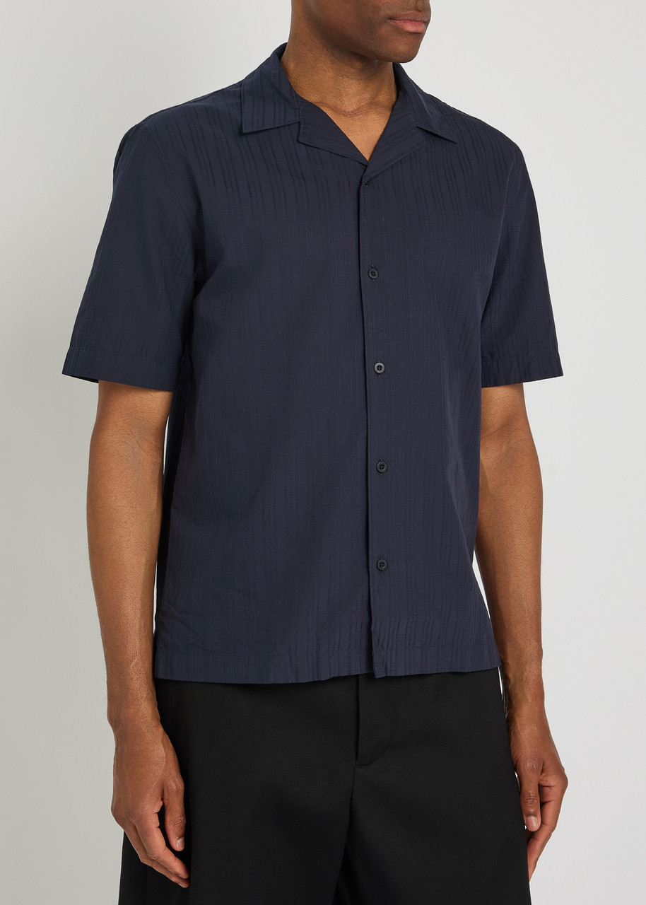  Sunspel Striped Embroidered Cotton Shirt - Navy - M 