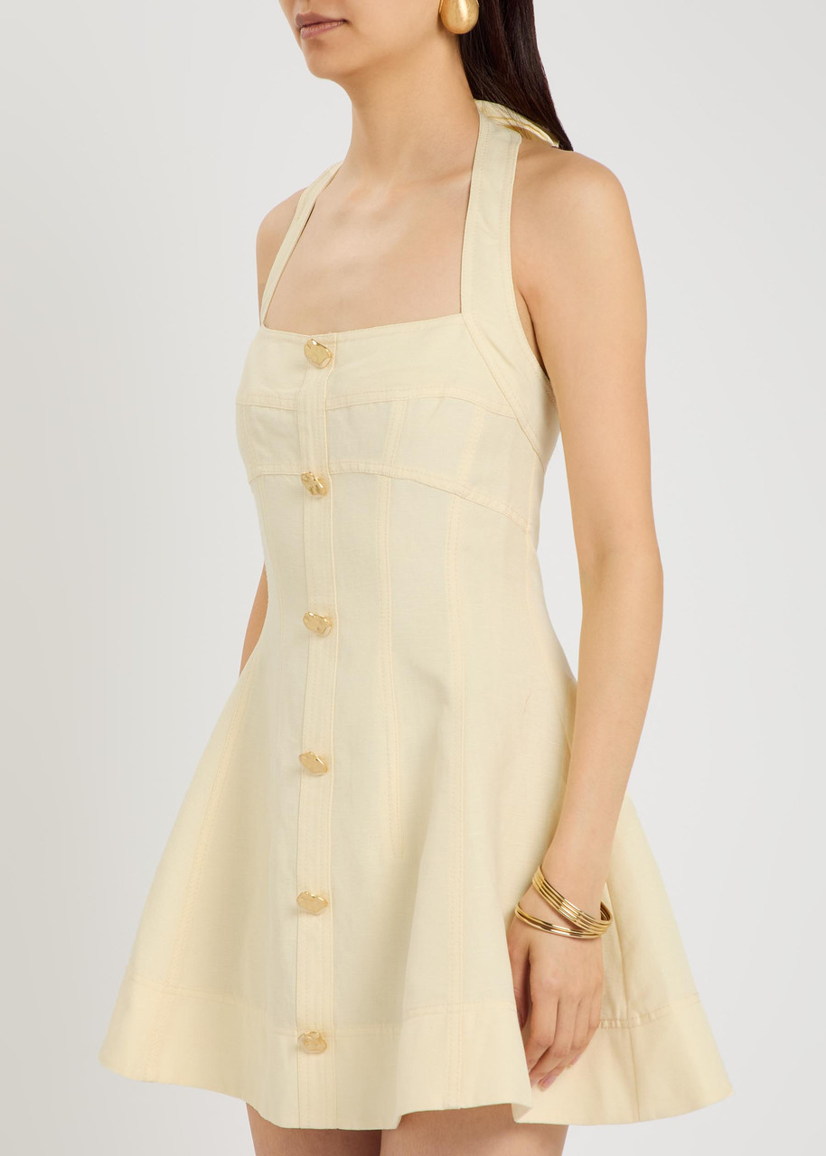  Aje Monroe Halterneck Linen-blend Mini Dress - Yellow - 8 (uk8 / S) 