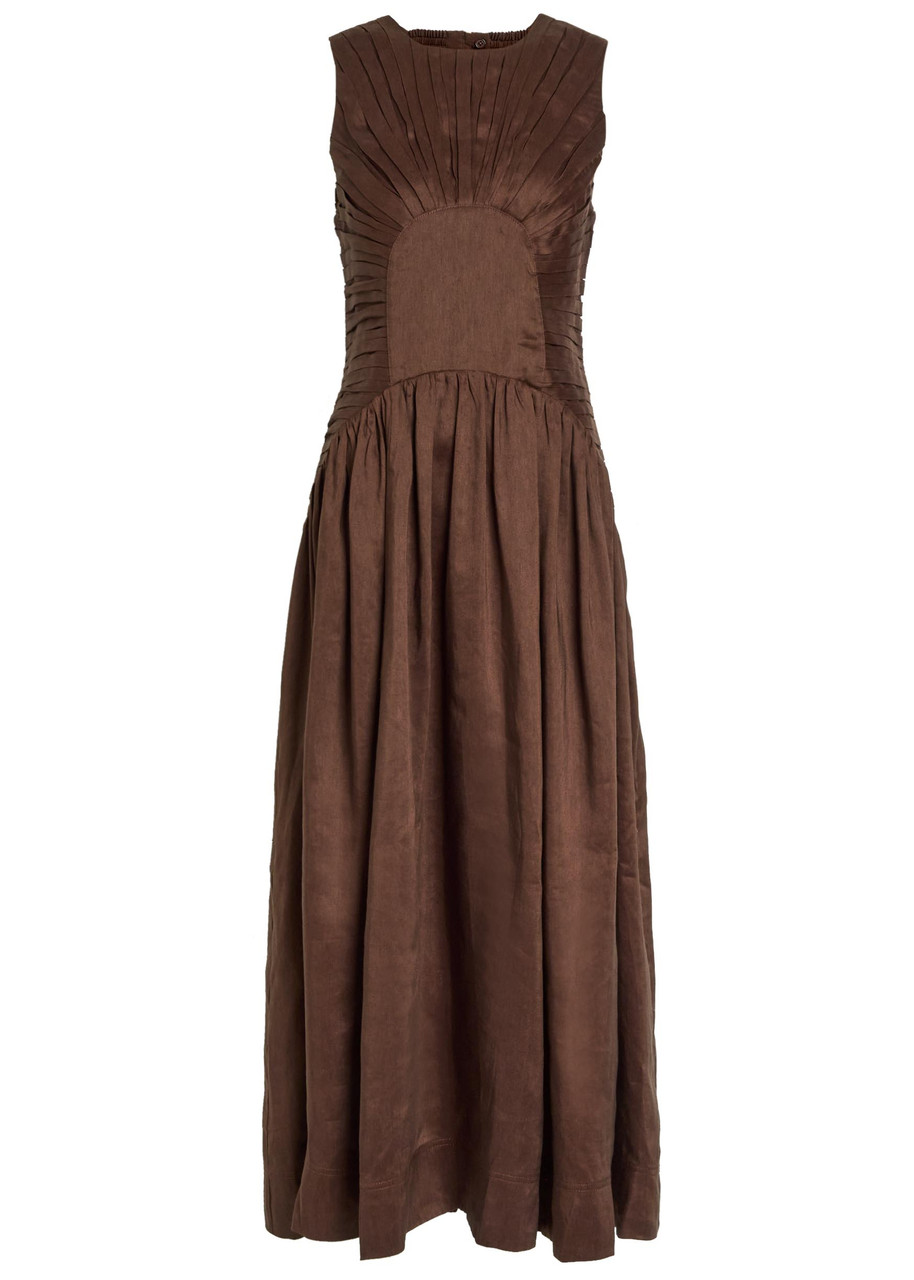 Aje Medea Pleated Linen-blend Maxi Dress – Dark Brown – 16 (UK16 / XL)