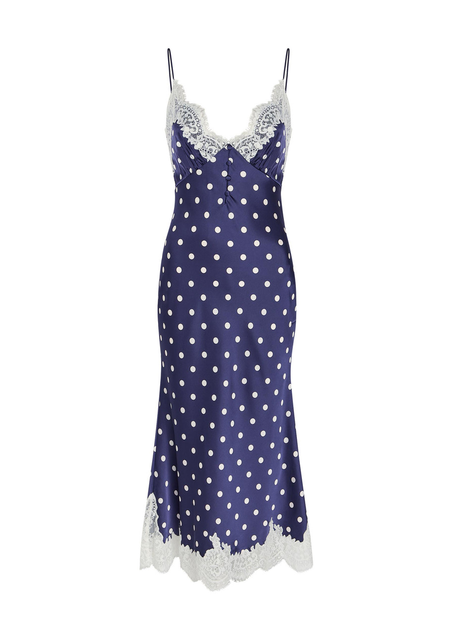 Self-portrait Polka dot Lace-trim Satin Midi Dress – Navy – 10 (UK10 / S)