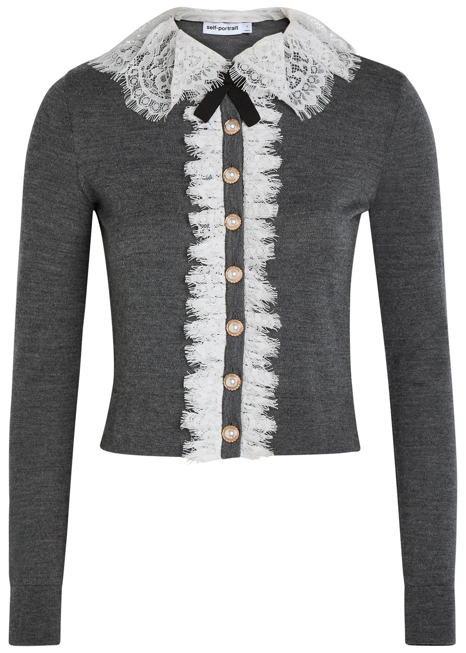 Self-portrait Lace-trim Wool Cardigan In Gray