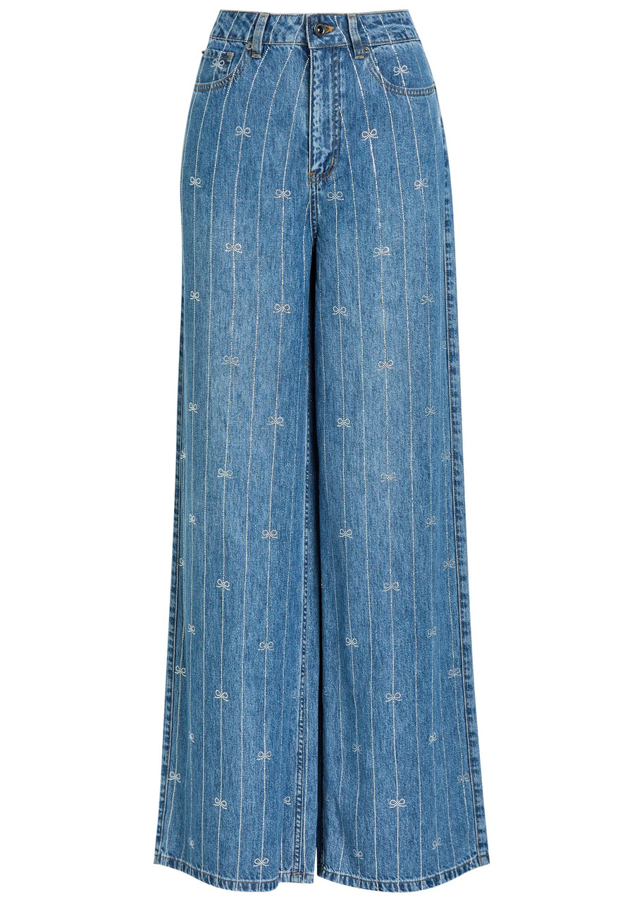 Self-portrait Crystal-embellished Wide-leg Jeans In Blue