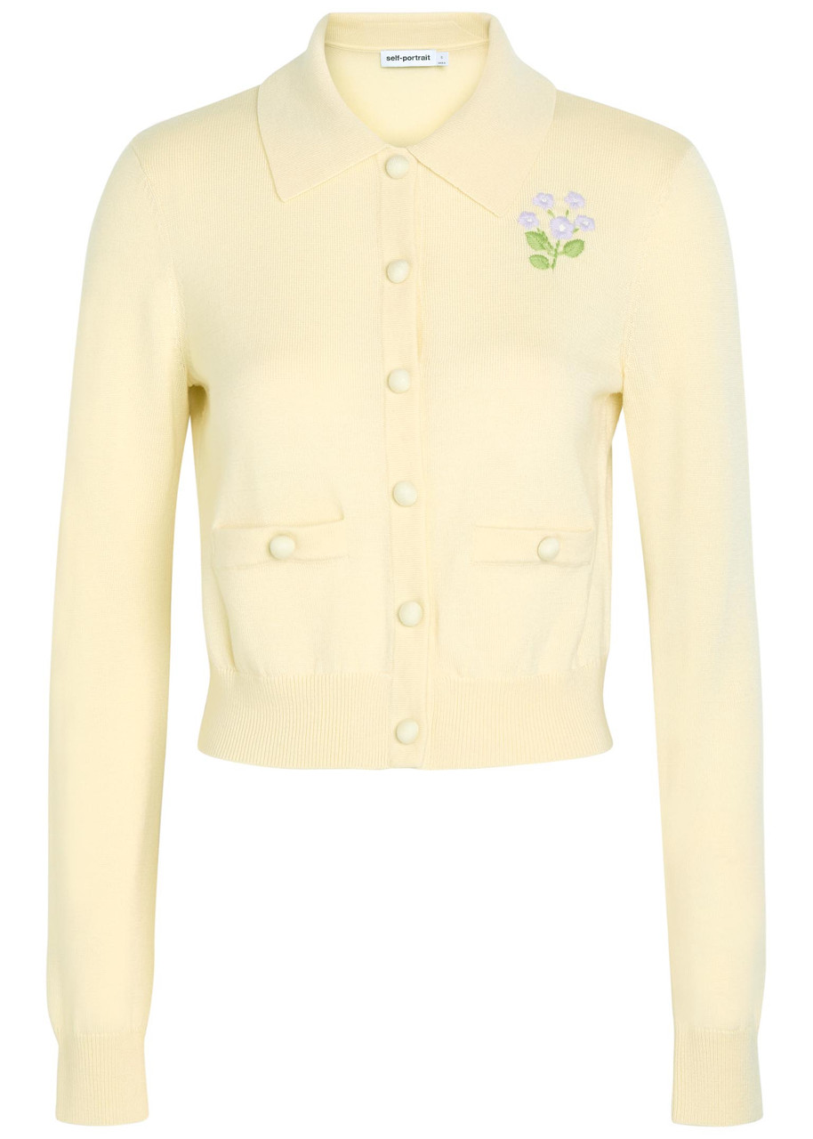 Self-portrait Floral-embroidered Wool Cardigan In Yellow