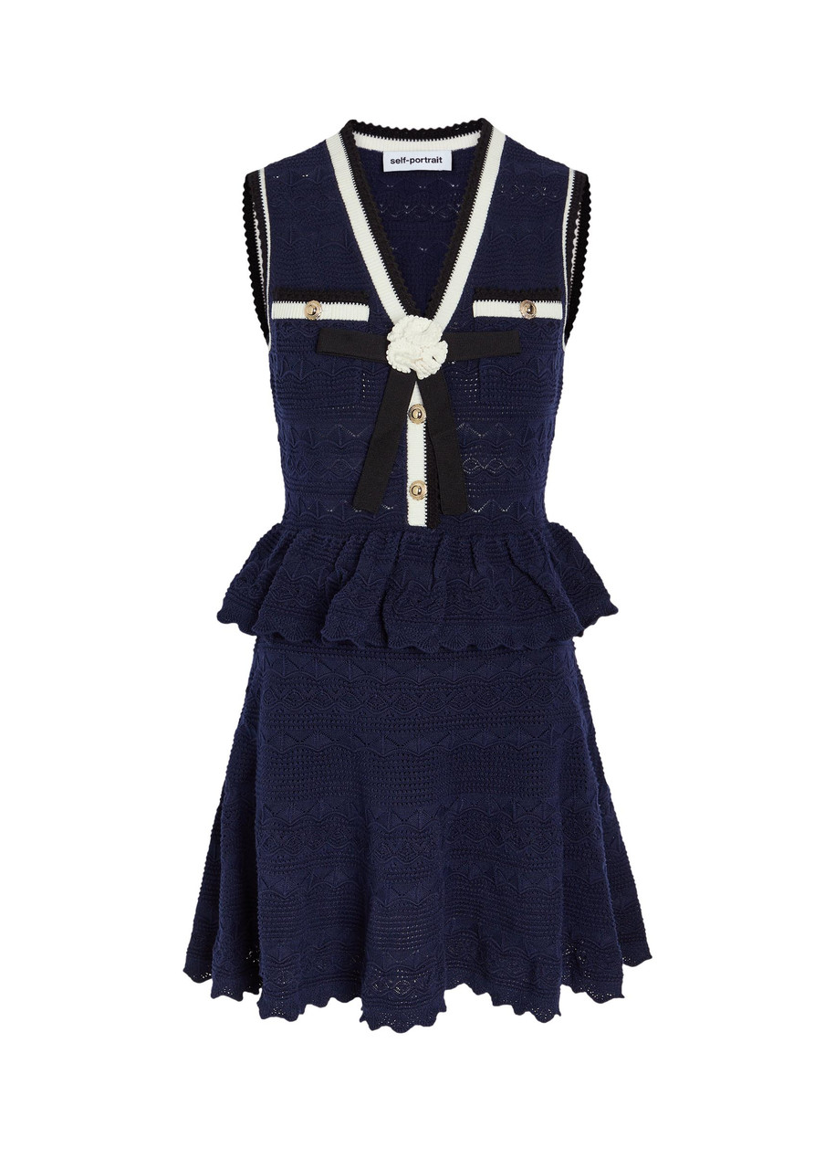 Self-portrait Peplum Pointelle-knit Mini Dress – Navy – M (UK12 / M)