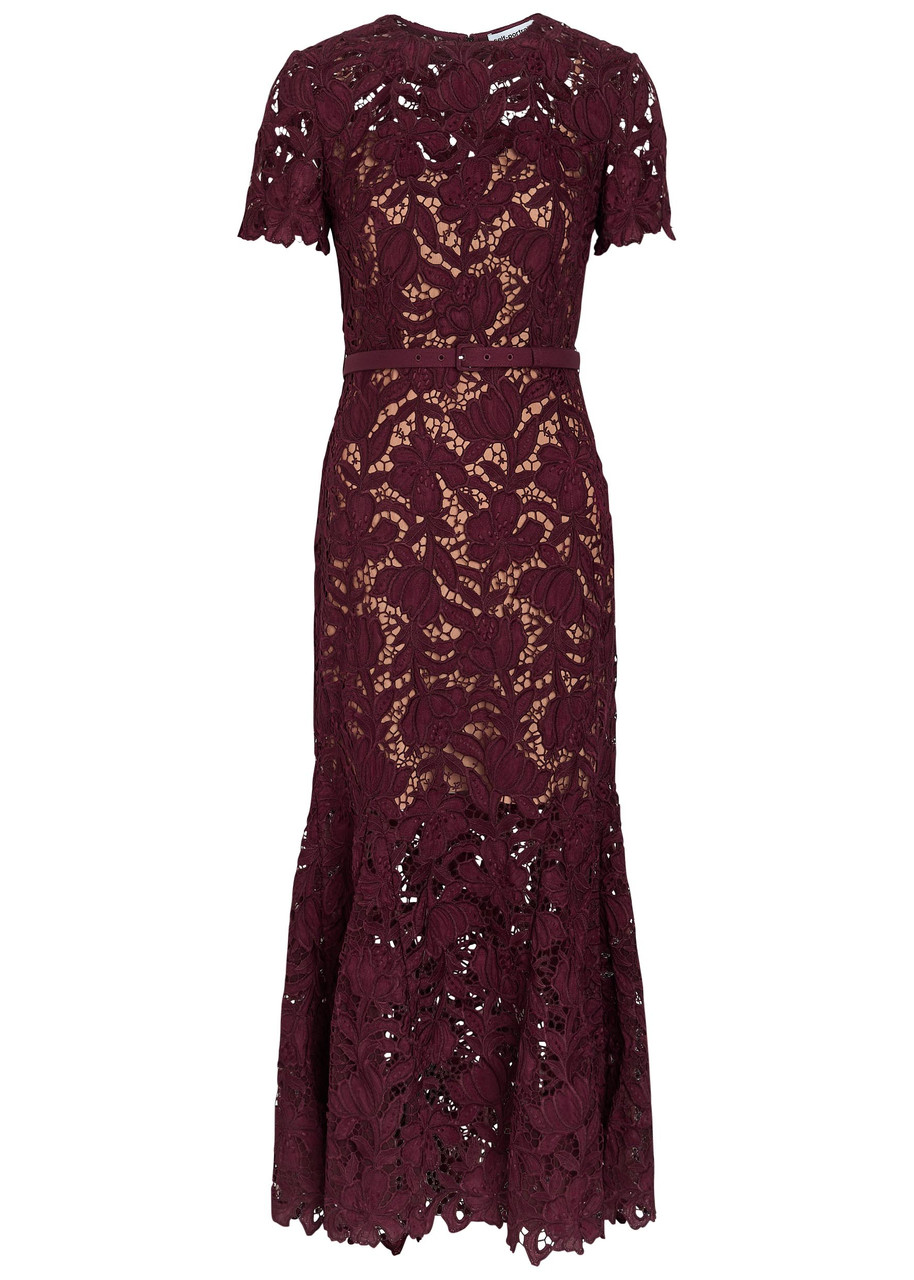Self-portrait Belted Guipure Lace Midi Dress - Burgundy - 12 (UK12 / M)