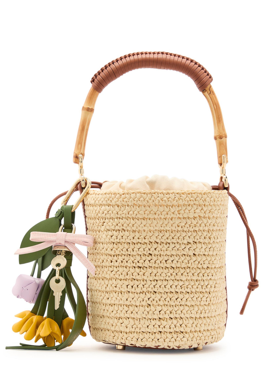 Self-portrait Charm-embellished Leather And Raffia Bucket Bag In Brown