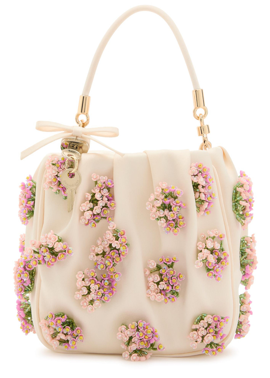 Self-portrait Floral Bead-embellished Satin Tote In White