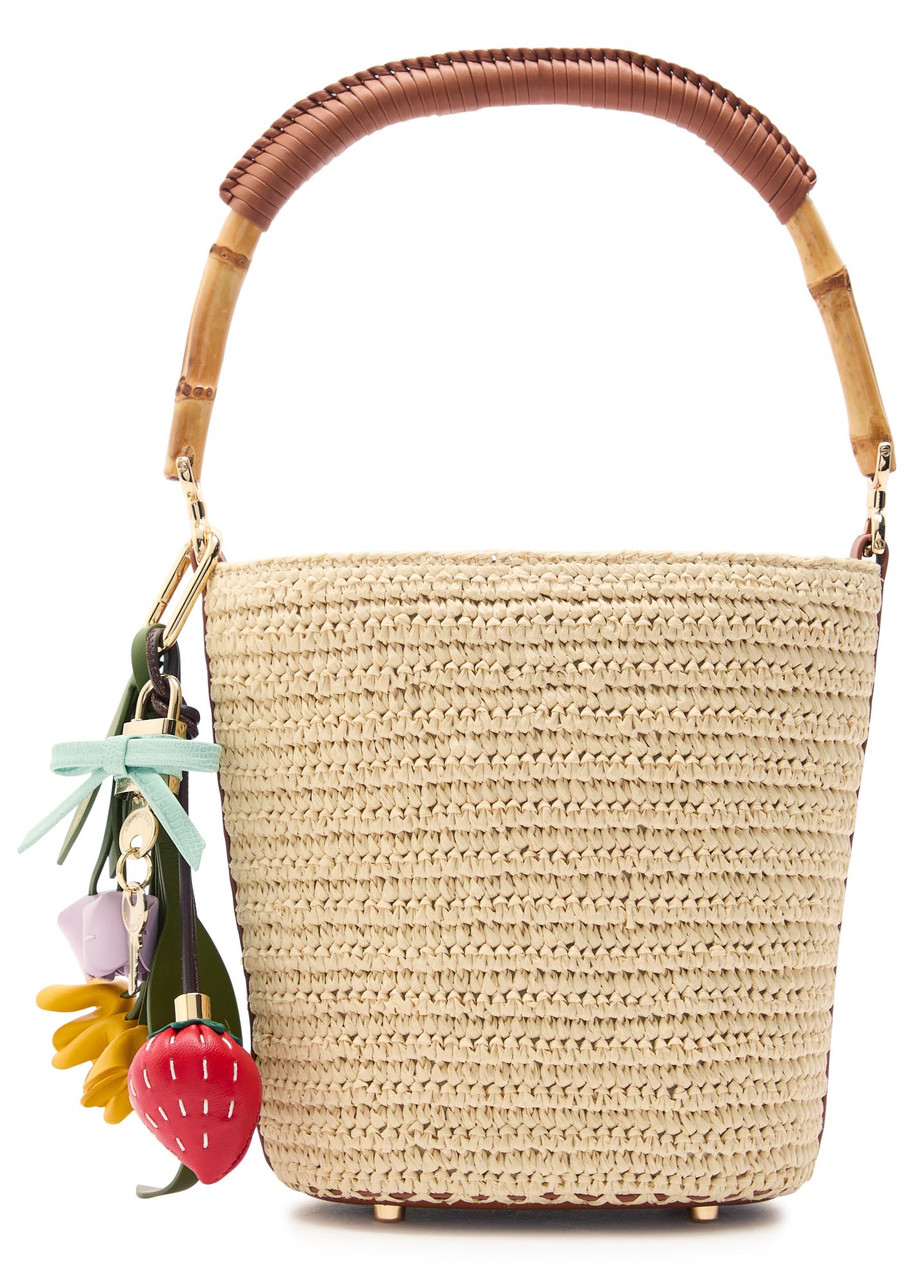Self-portrait Charm-embellished Leather And Raffia Bucket Bag In Brown