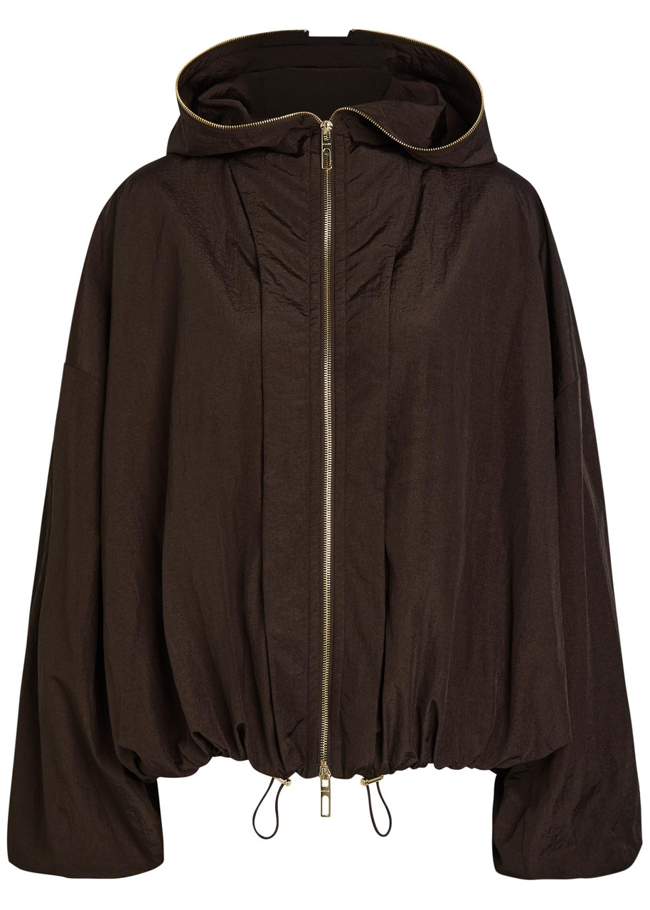 Sportmax Water-repellent Hooded Crinkled Nylon Raincoat In Dark Brown