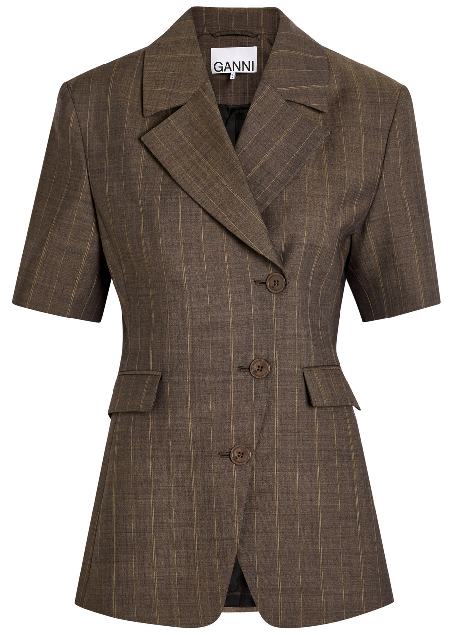Ganni Pinstriped Double-breasted Wool Blazer In Brown