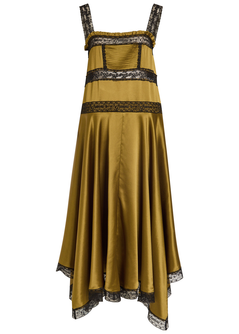 Ganni Lace-trim Satin Midi Slip Dress – Olive – 34 (UK6 / XS)
