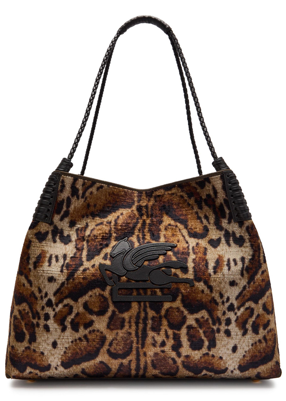 Etro Libra Large Leopard Velvet And Leather Tote In Khaki