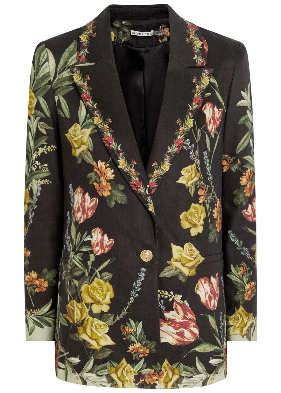 Alice And Olivia Alice + Olivia Denny Floral-print Linen-blend Blazer In Black