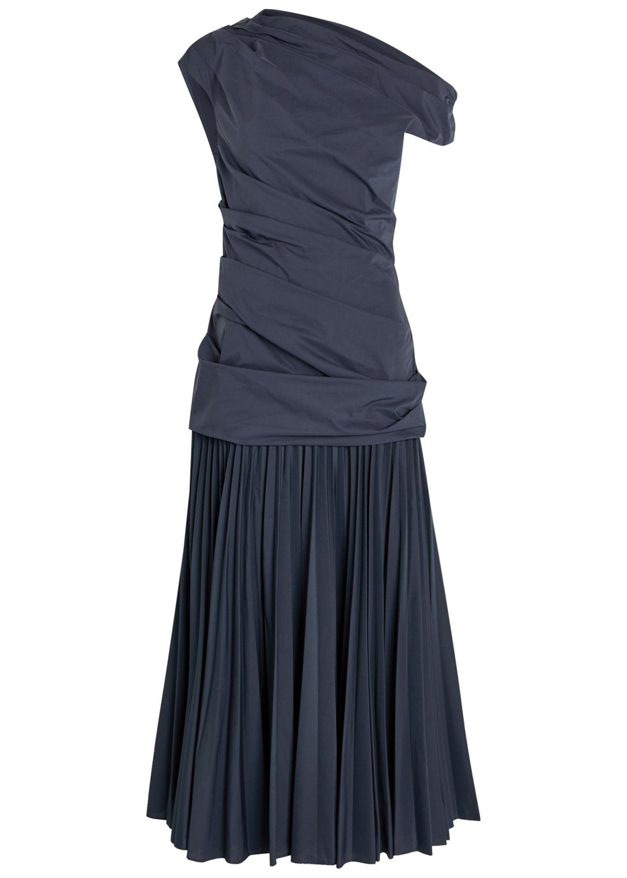 Simkhai Ammalie Gathered Cotton-blend Poplin Midi Dress – Navy – 2 (UK6 / XS)