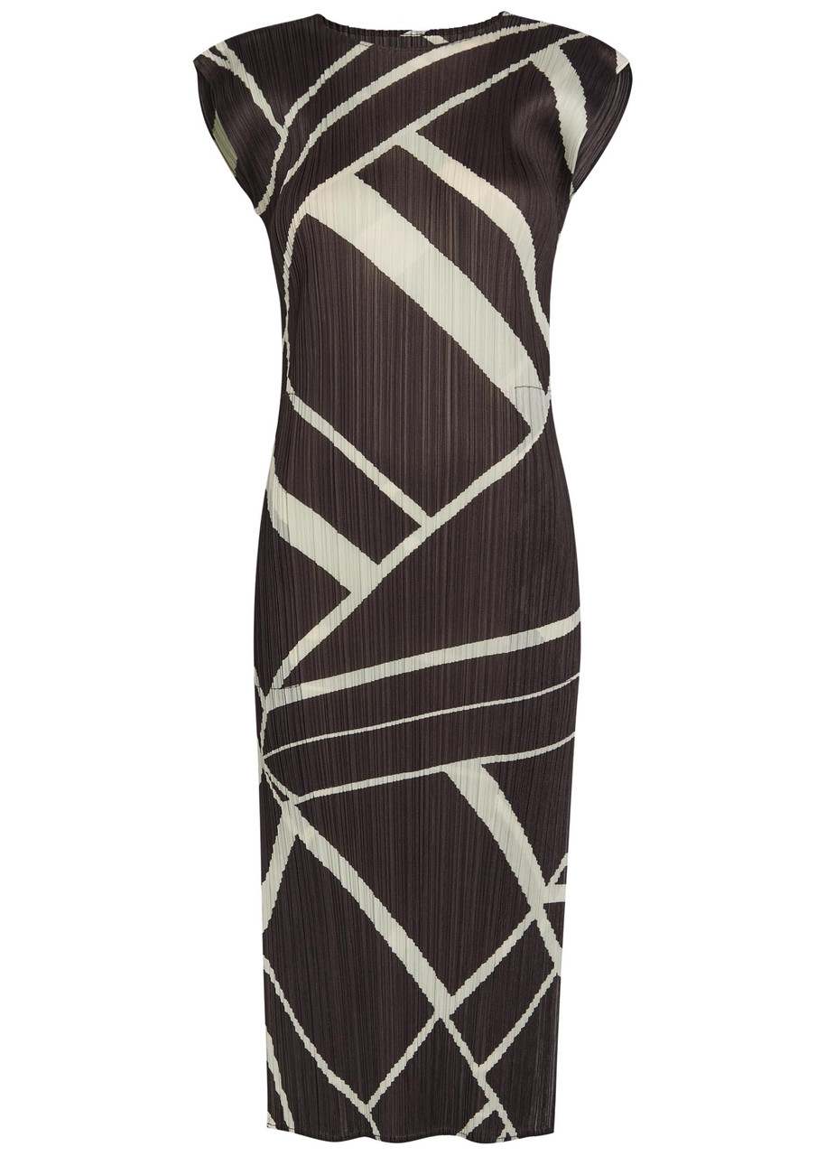 Pleats Please Issey Miyake Pleated Printed Woven Midi Dress – Charcoal – 5