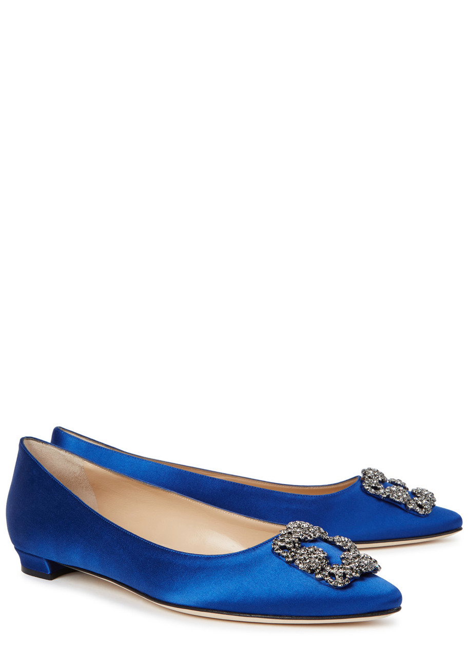 Manolo Blahnik Hangisi Crystal-embellished Satin Point-toe Flats In Blue