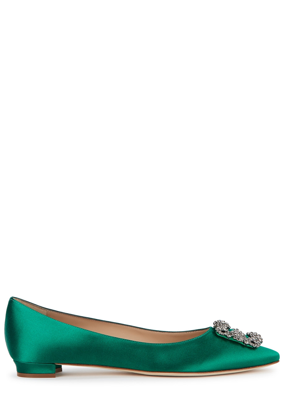 Manolo Blahnik Hangisi Crystal-embellished Satin Point-toe Flats In Green