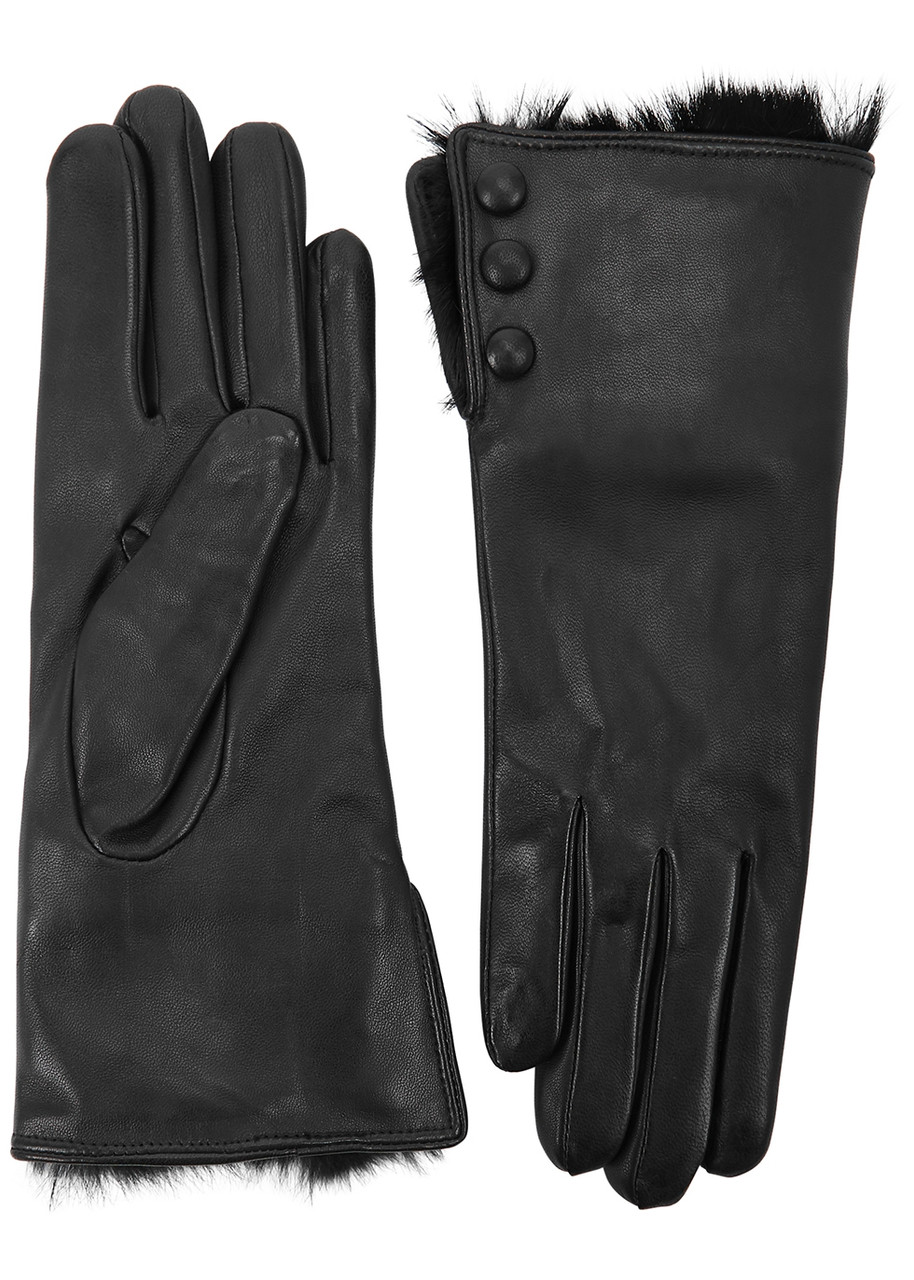 Dents Sophie Fur-trimmed Leather Gloves - Black