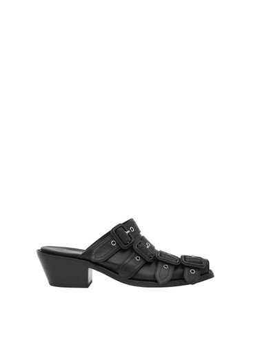 サンダル・ミュール BURBERRY Black Leather Peep Mules BURBERRY Buckled leather peep-toe mules | Harvey Nichols