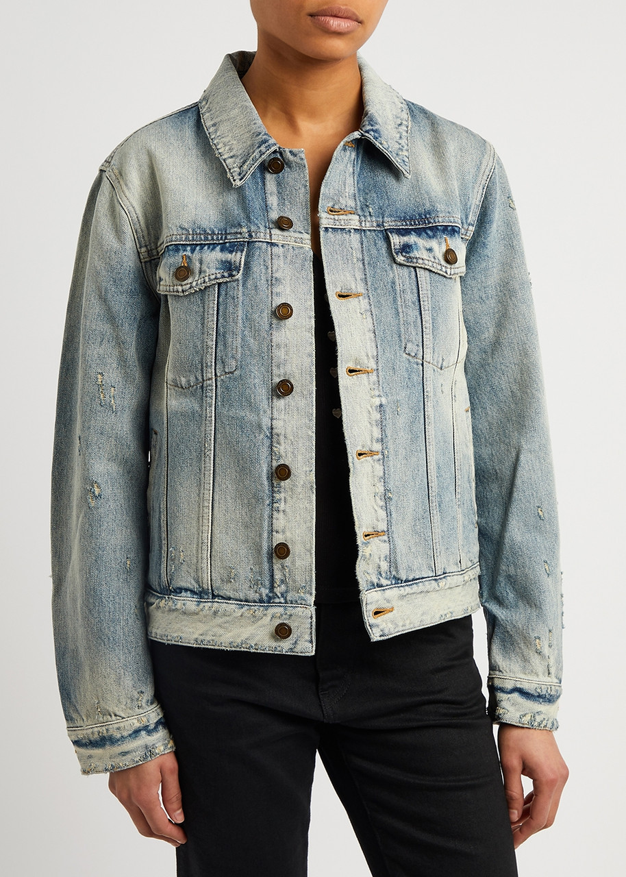 Shop Saint Laurent Yves  Blue Distressed Denim Jacket