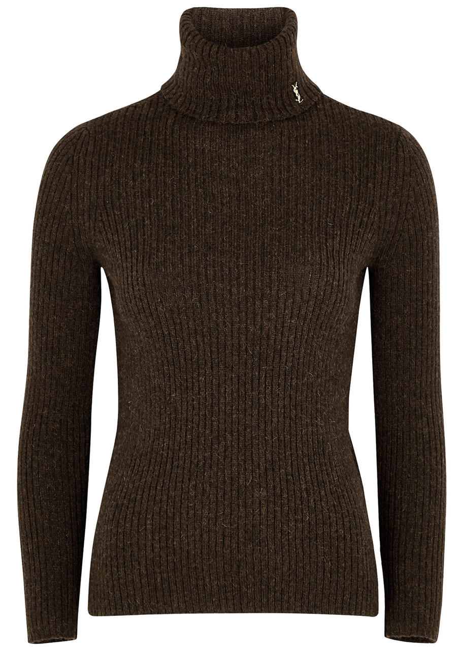 Yves Saint Laurent Dark Brown Roll-neck Ribbed-knit Jumper - Chocolate