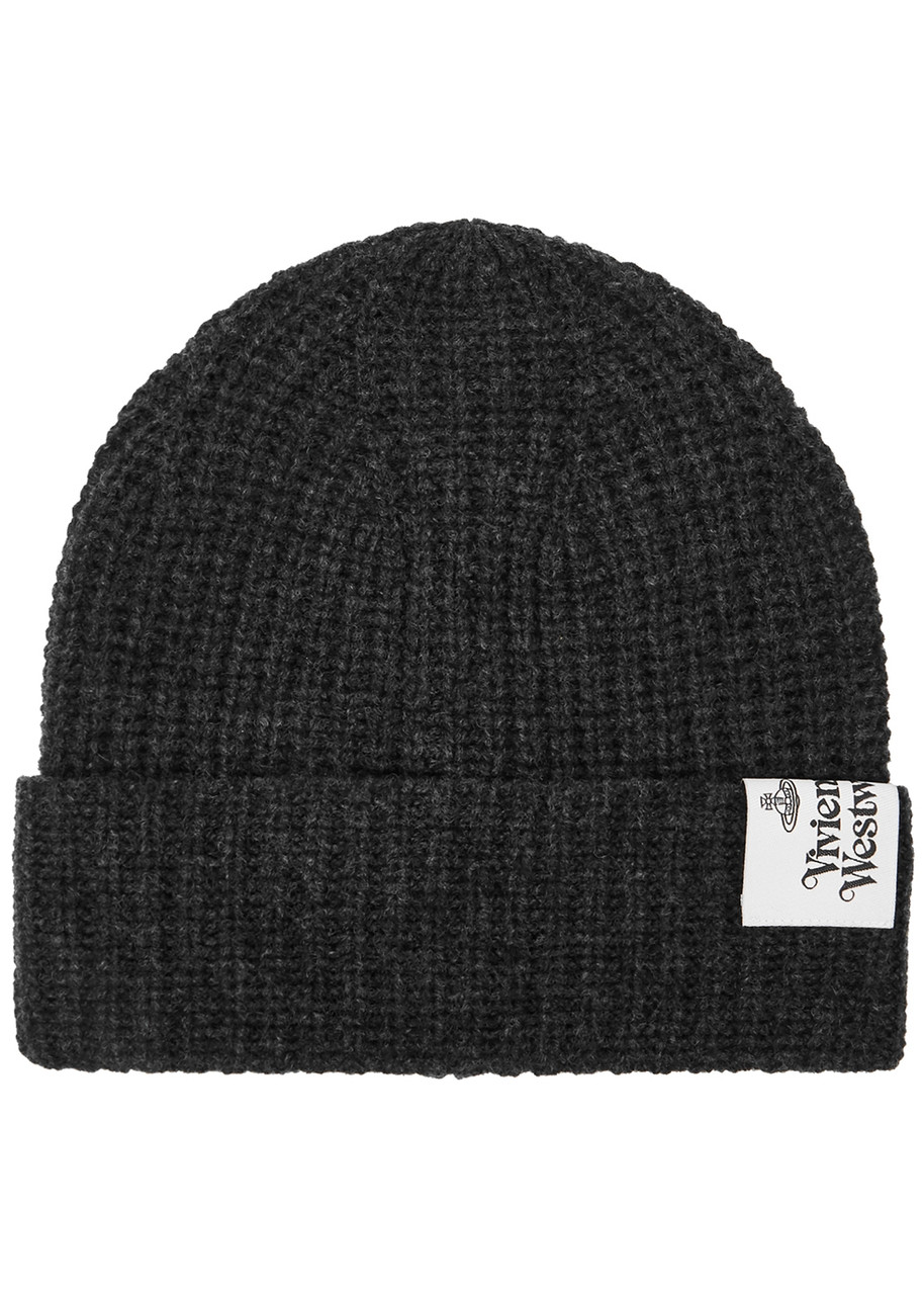 Vivienne Westwood Anthracite Ribbed Wool Beanie In Gray