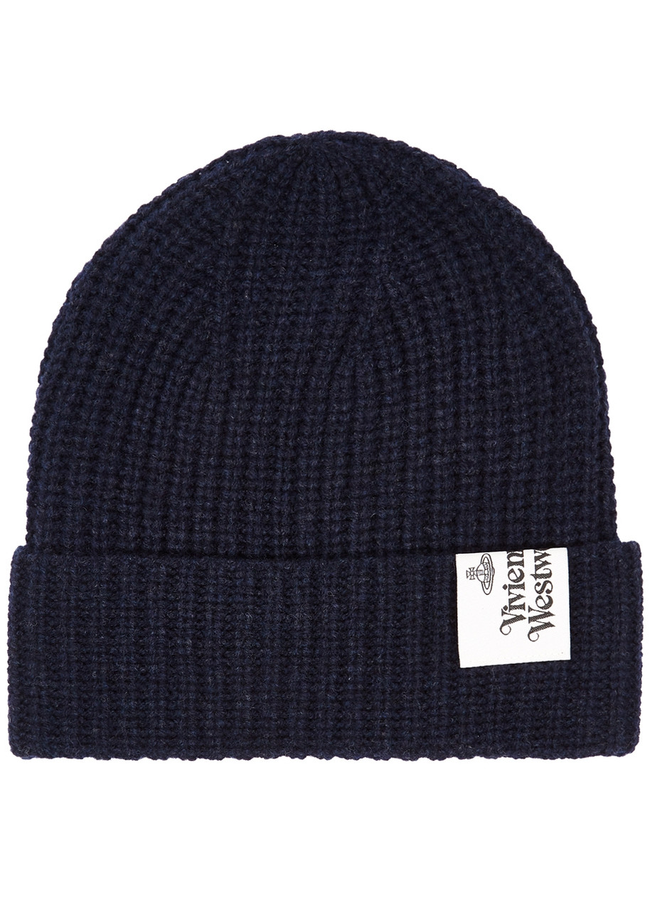 Vivienne Westwood Anthracite Ribbed Wool Beanie In Blue