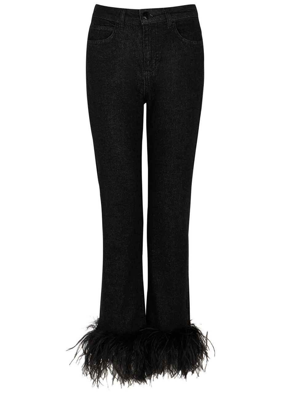 16arlington Black Feather-trimmed Slim-leg Jeans