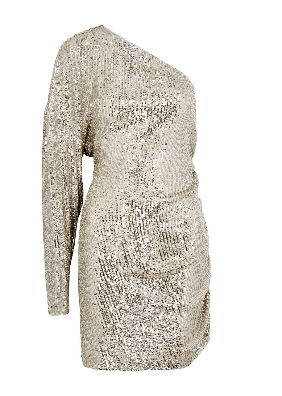 In The Mood For Love Alexandra One-shoulder Sequin Mini Dress In Beige