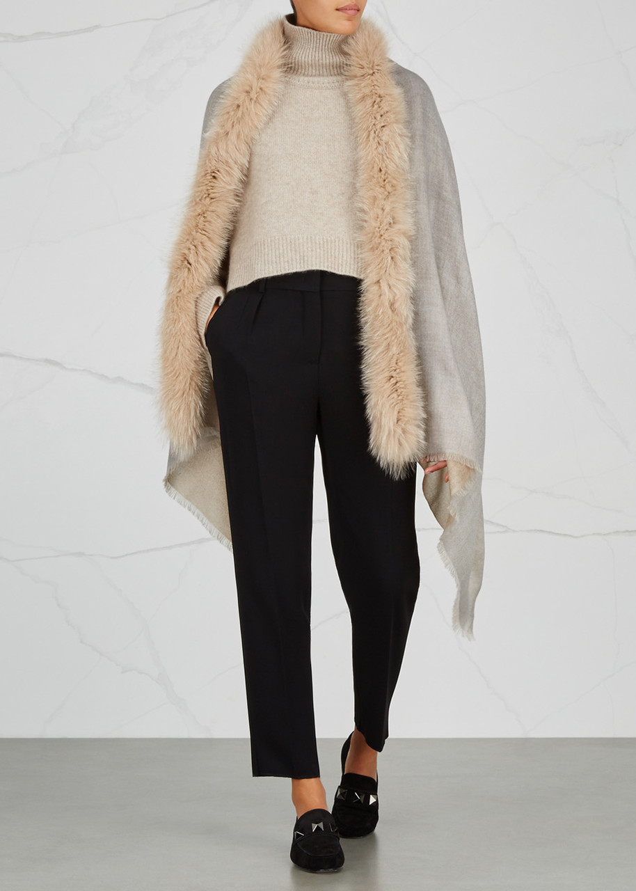  Ama Pure Fur-trimmed Wool Scarf - Beige 
