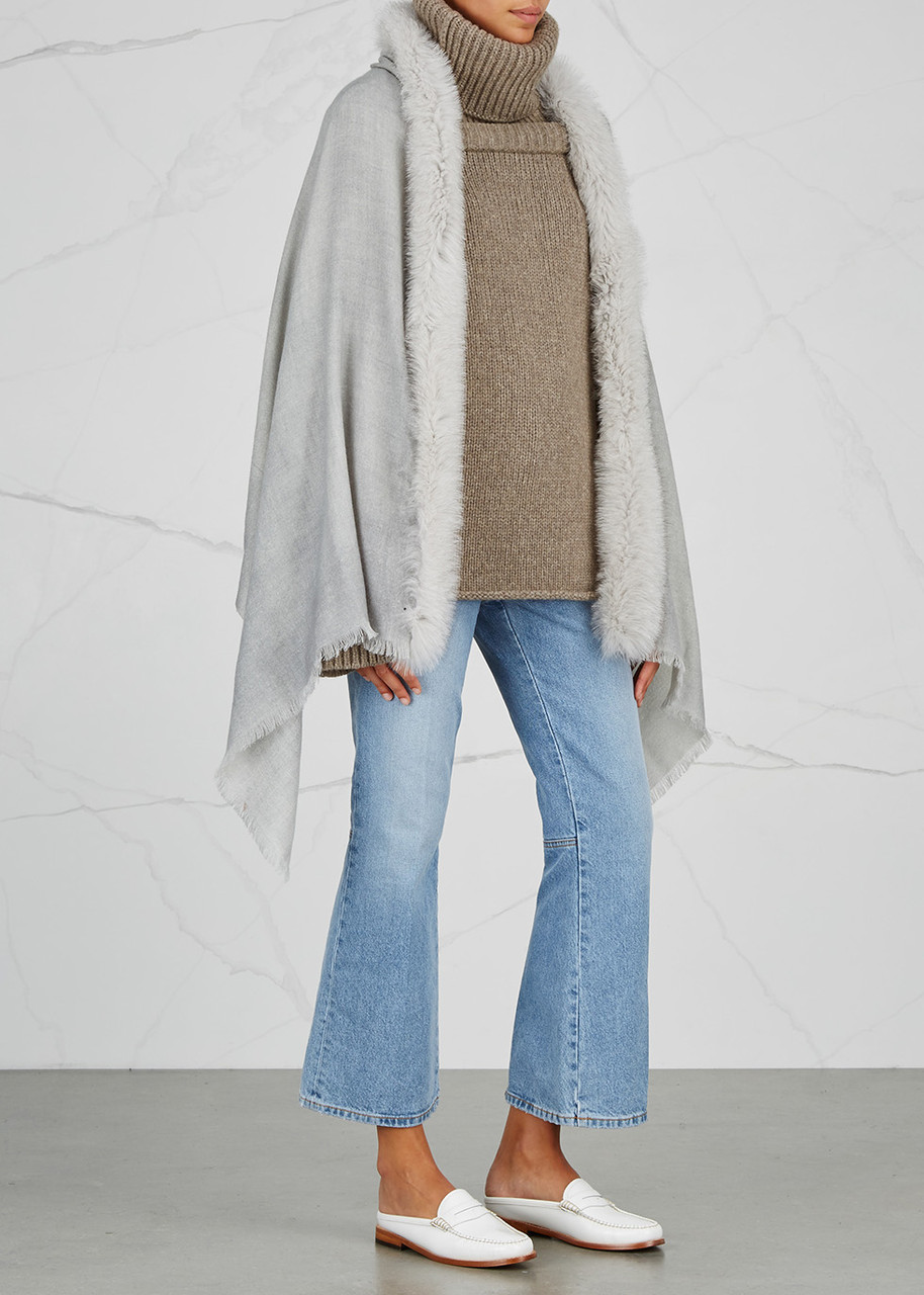  Ama Pure Fur-trimmed Wool Scarf - Grey 