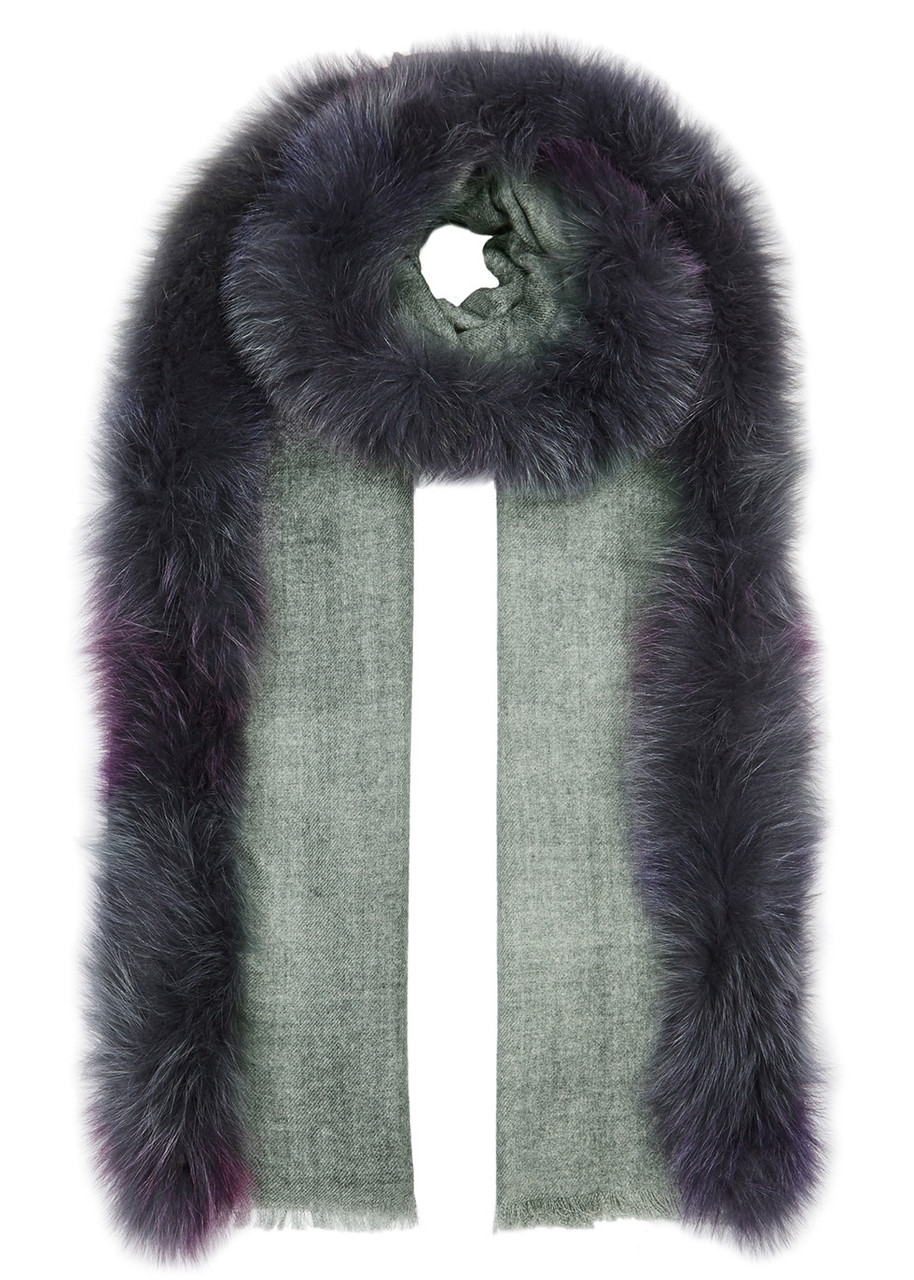 Ama Pure Black Fur-trimmed Wool Scarf - Dark Grey