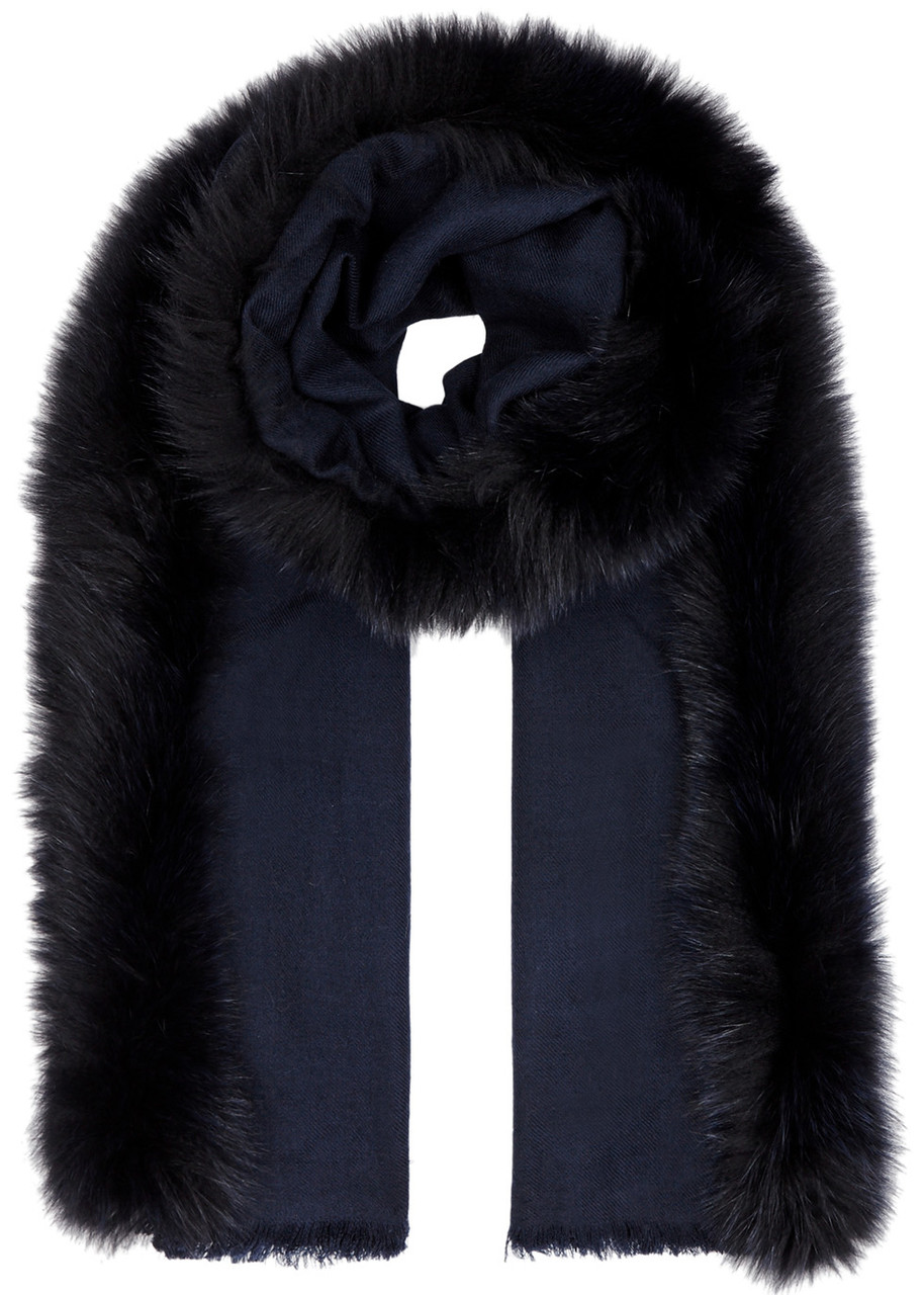 Ama Pure Black Fur-trimmed Wool Scarf - Navy