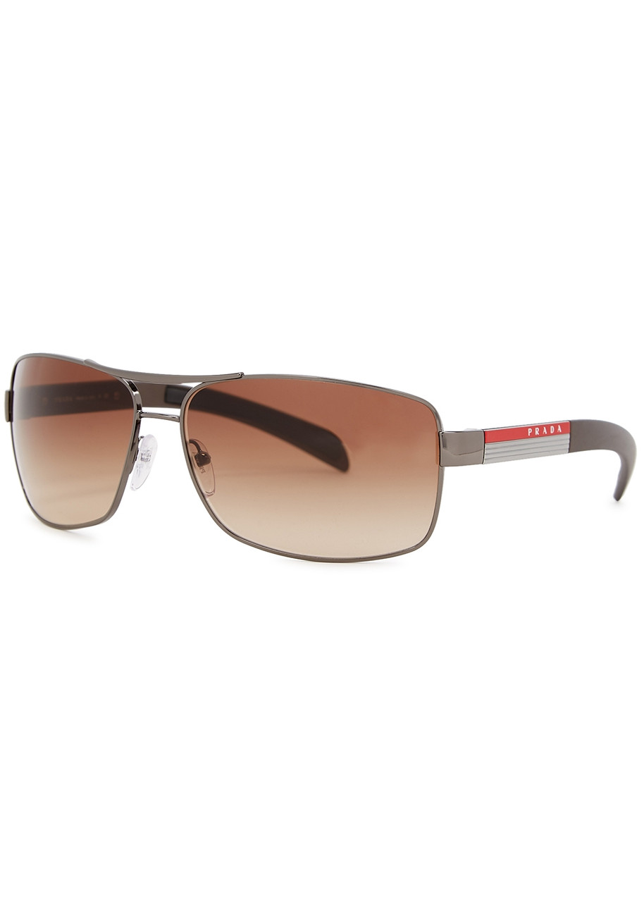 Prada Linea Rossa - Rectangle Sunglasses Brown, Metal, Designer-engraved Graduated Brown Lenses, Matte Acetate Tips