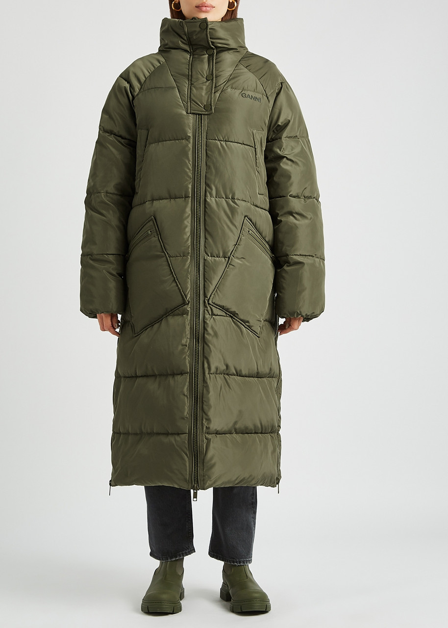  Ganni Quilted Shell Coat - Army Green - L/xl 