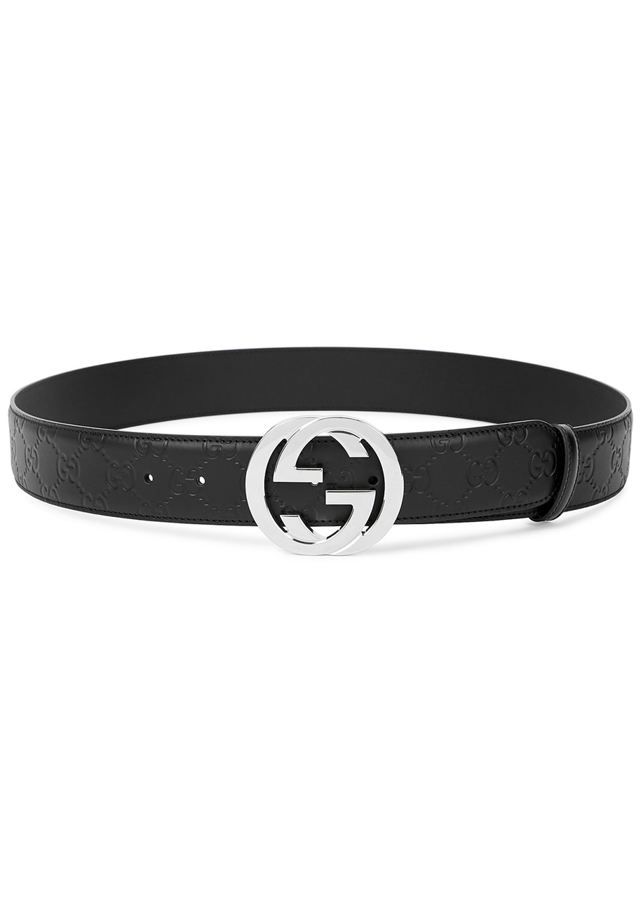 Gucci GG Black Embossed Leather Belt, Belt, Black & Silver - Black And Silver