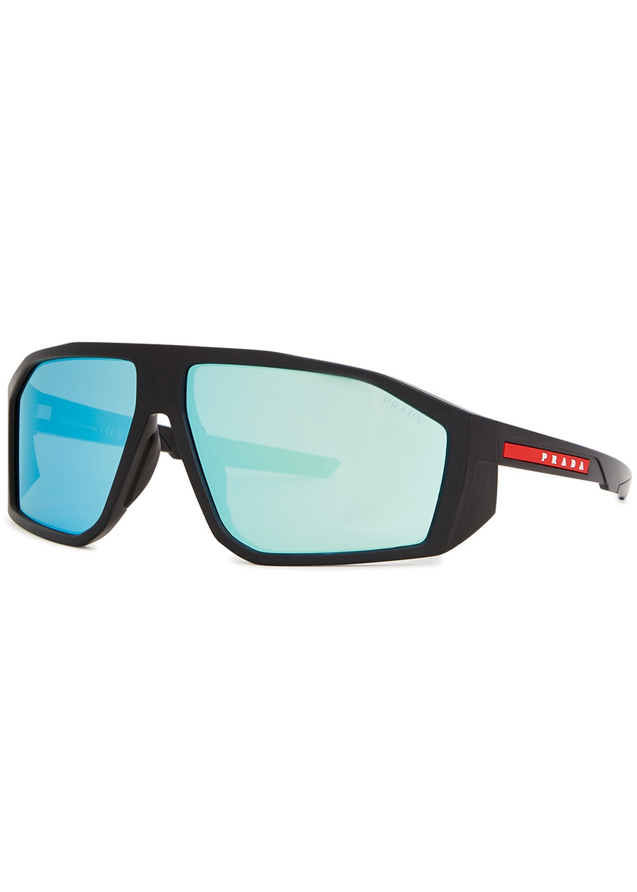 Prada Linea Rossa - Sporty Sunglasses Black, Designer-stamped Blue Iridescent Lenses, Designer-stamped Arms, 100% UV Protection