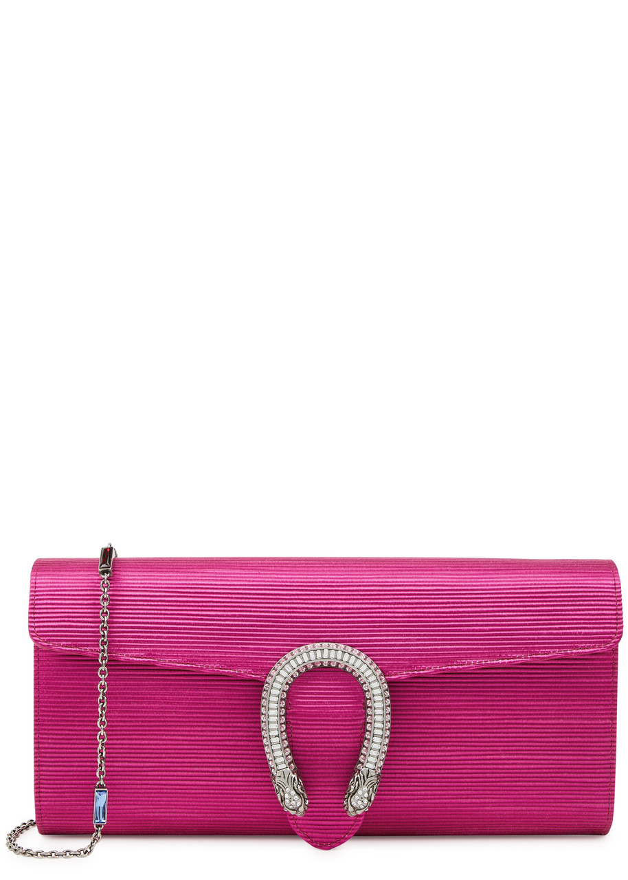 GUCCI GUCCI DIONYSUS RIBBED SATIN CLUTCH, CLUTCH, FUCHSIA, CHAIN STRAP