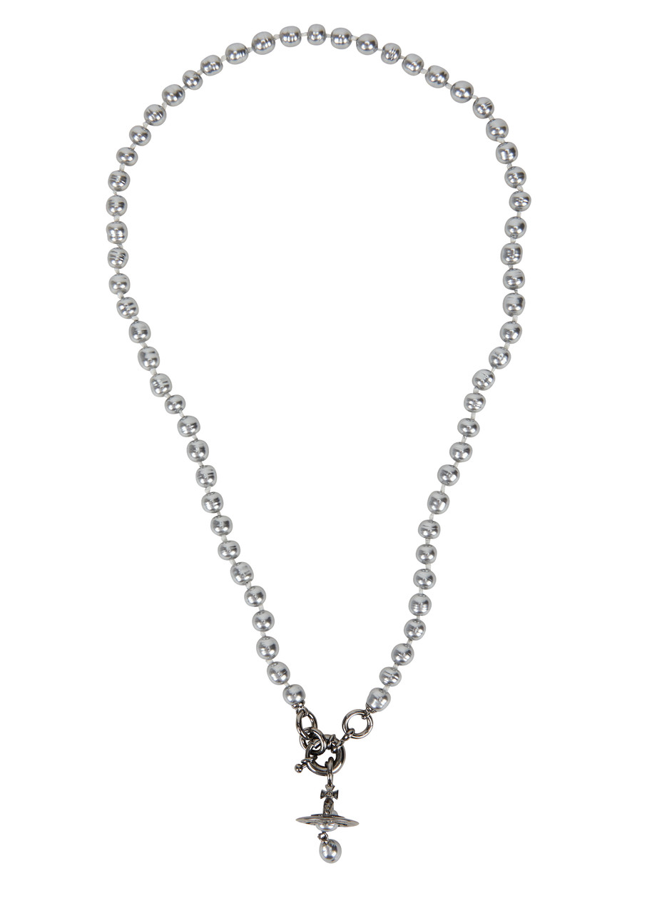 Shop Vivienne Westwood Aleksa Orb Pearl Necklace In Gunmetal